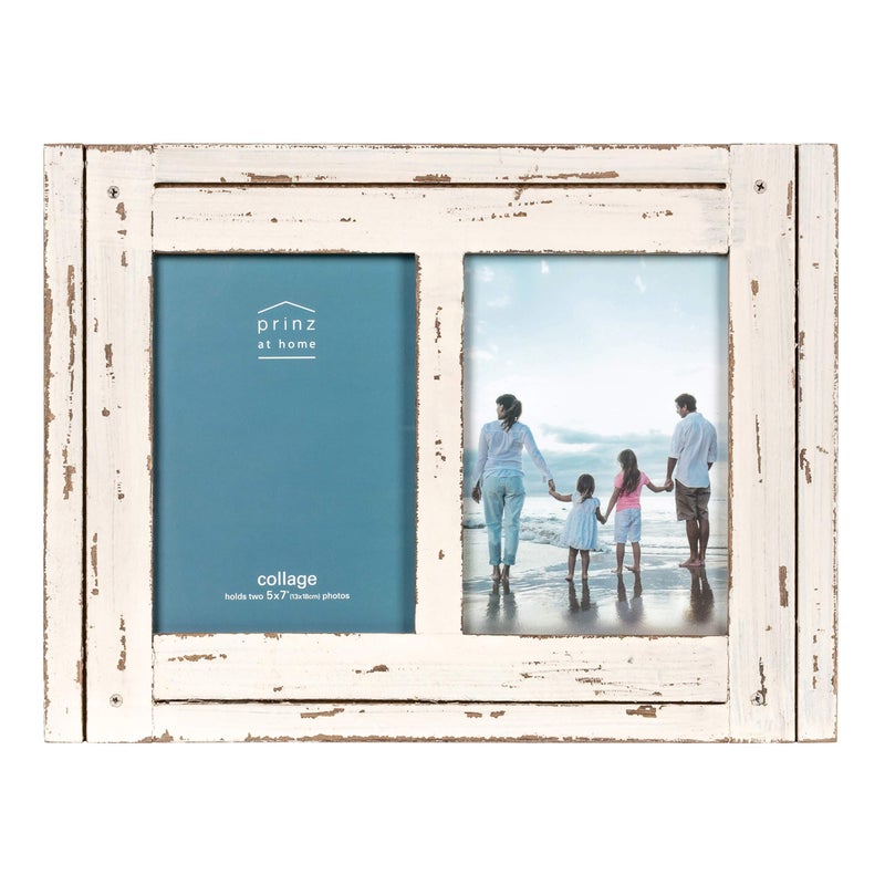 Prinz Homestead Double 5 x 7 Distressed White Wood Frame, Coastal Decor Hand-Distressed Rustic Picture Frame, Two-Way Easel, Can Be Wall-Mounted, Antique White - Image 1